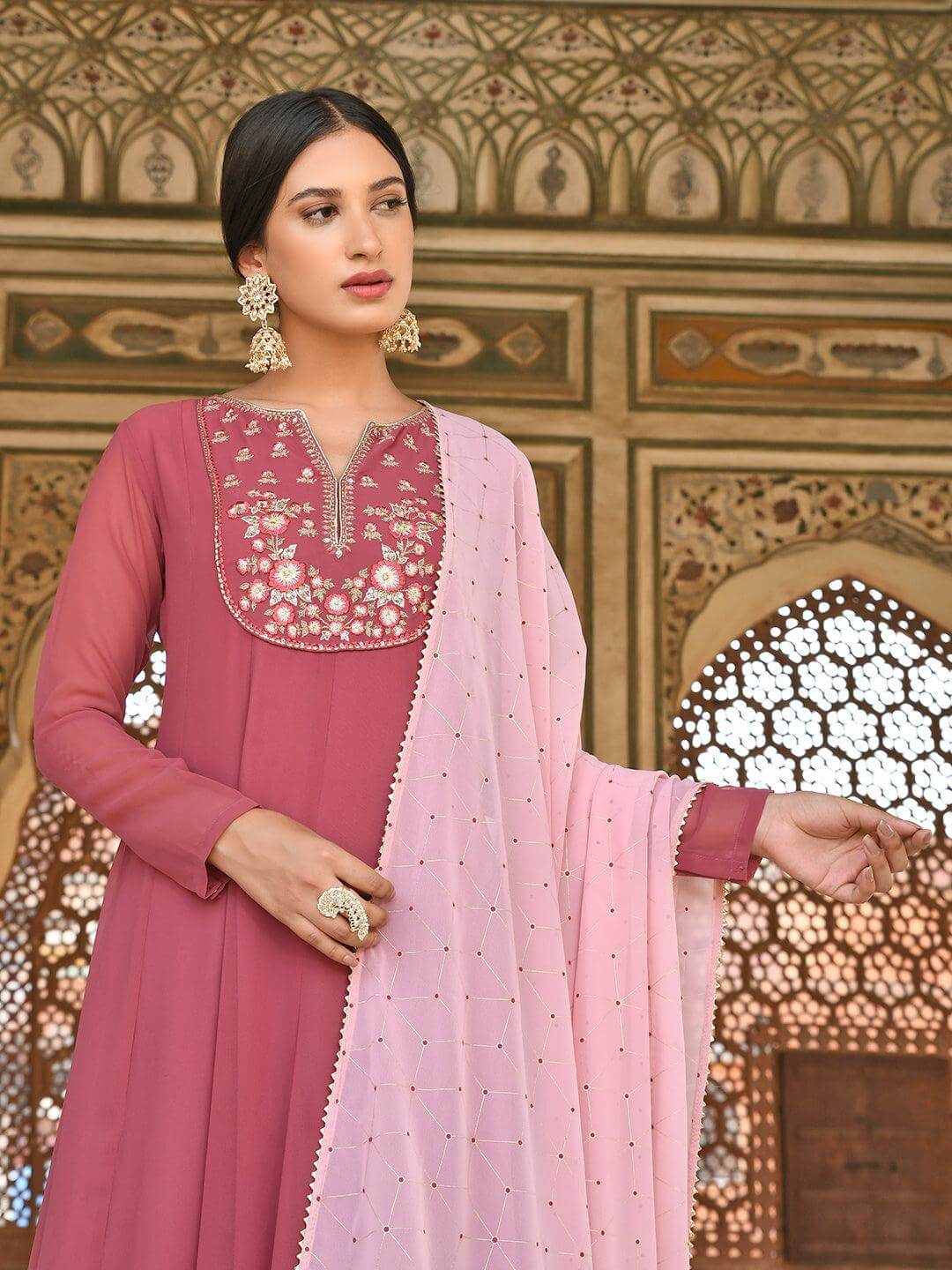 Old Rose Georgette Embroidered Kurta with Dupatta