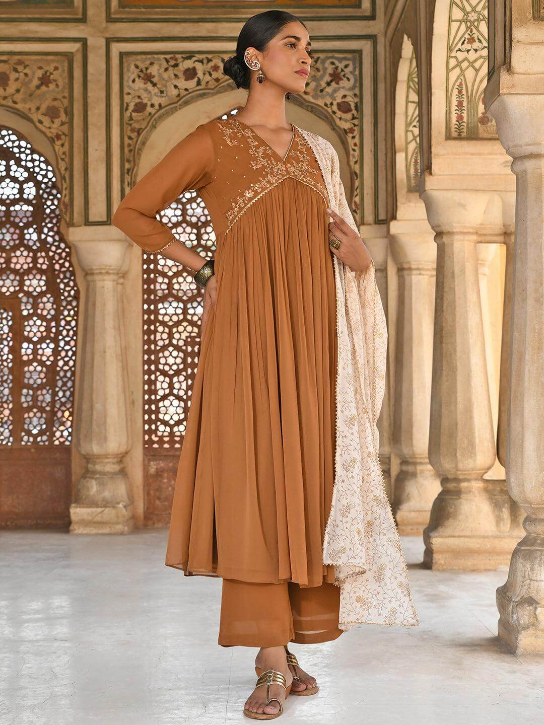 Brown Georgette Floral Embroidery Kurta with Palazzo and Dupatta