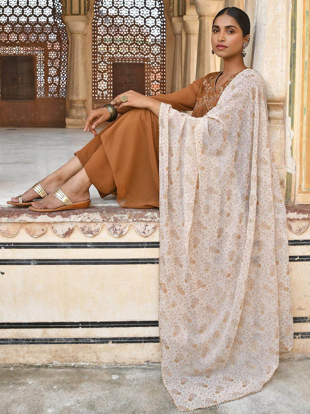 Brown Georgette Floral Embroidery Kurta with Palazzo and Dupatta