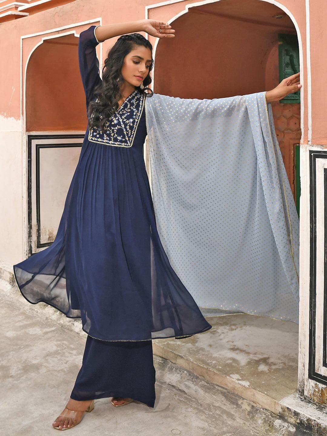 Navy Blue Georgette Floral Embroidery Kurta with Flared Palazzo and Dupatta