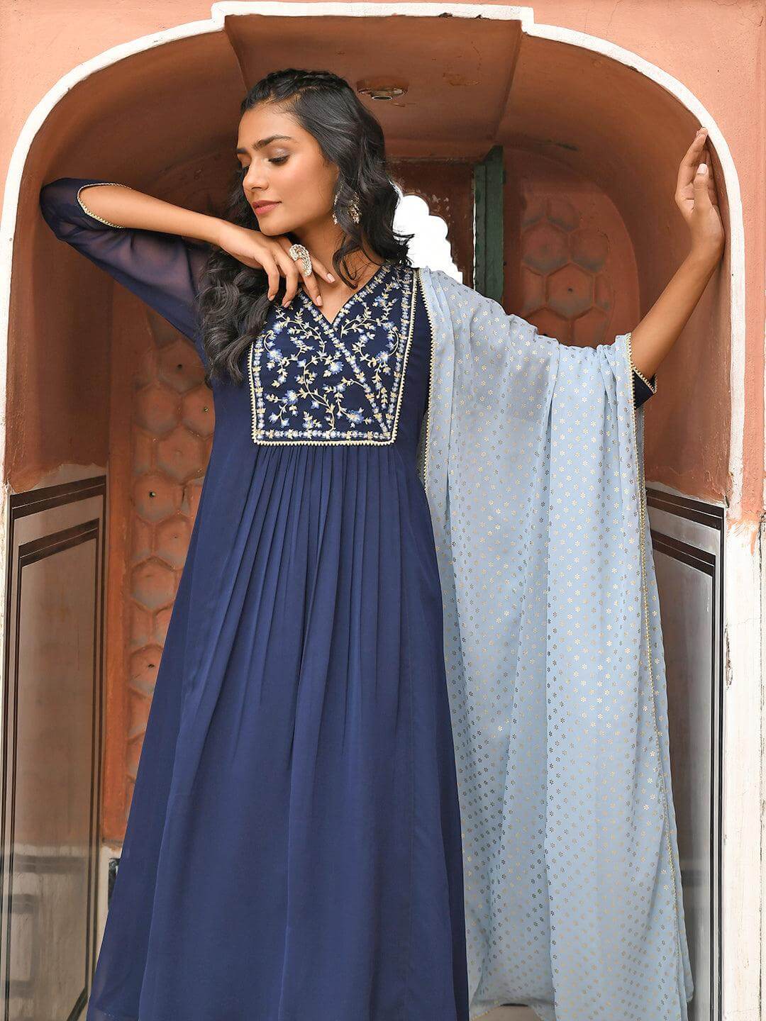 Navy Blue Georgette Floral Embroidery Kurta with Flared Palazzo and Dupatta