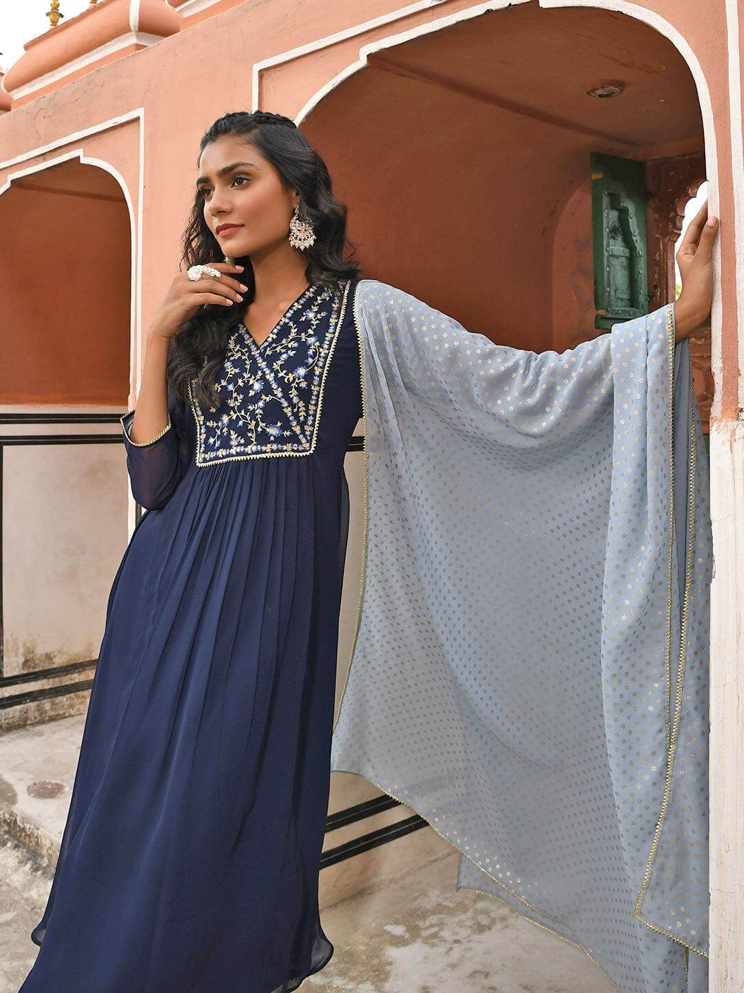 Navy Blue Georgette Floral Embroidery Kurta with Flared Palazzo and Dupatta