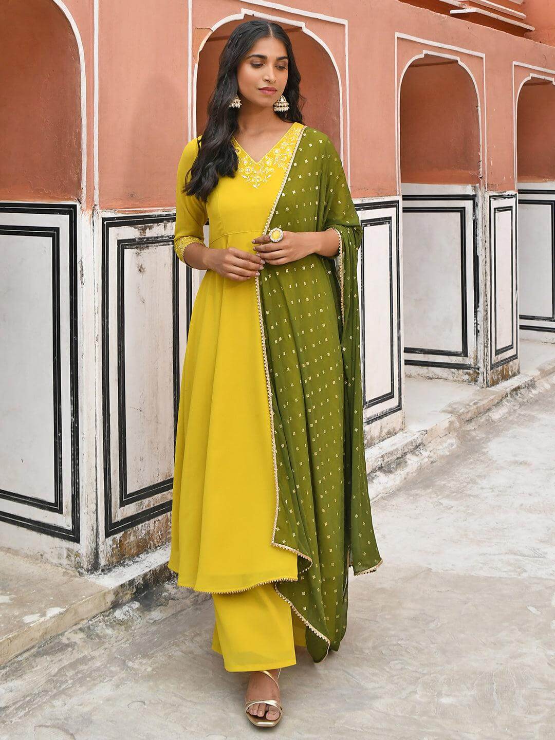 Yellow Georgette Solid Kurta with Palazzo and Dupatta