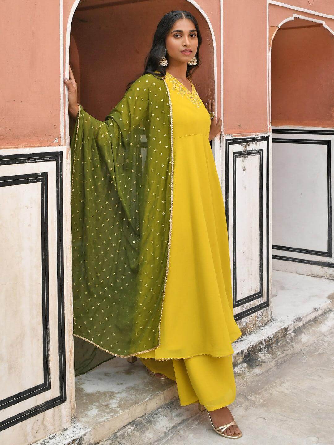 Yellow Georgette Solid Kurta with Palazzo and Dupatta