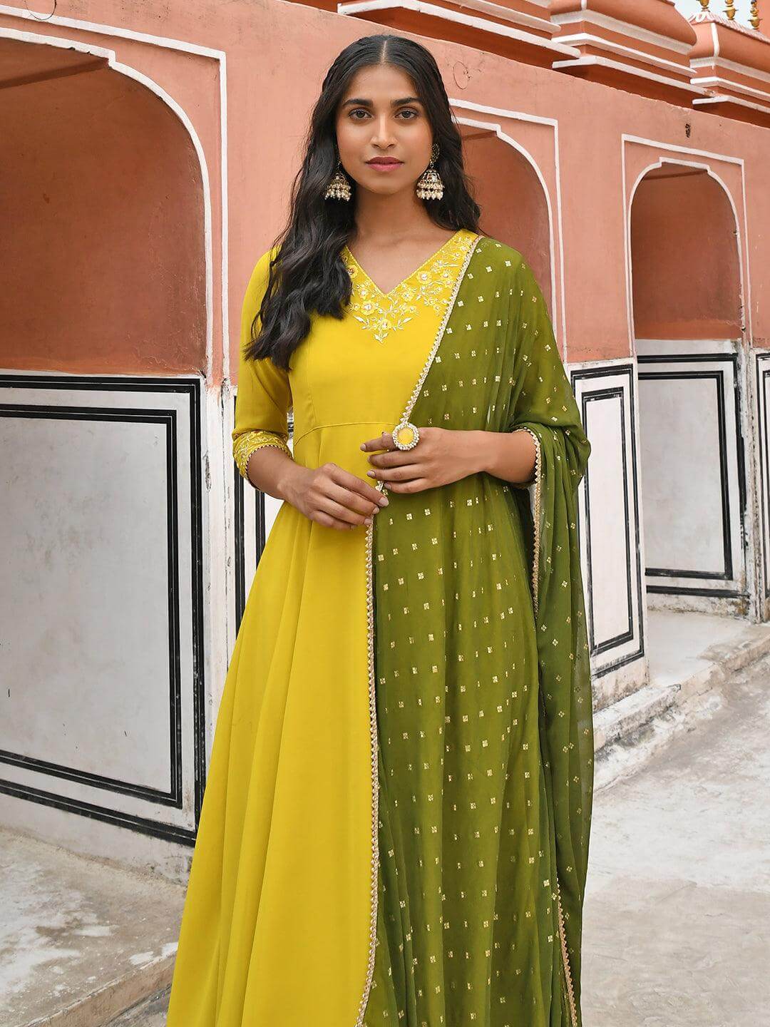 Yellow Georgette Solid Kurta with Palazzo and Dupatta