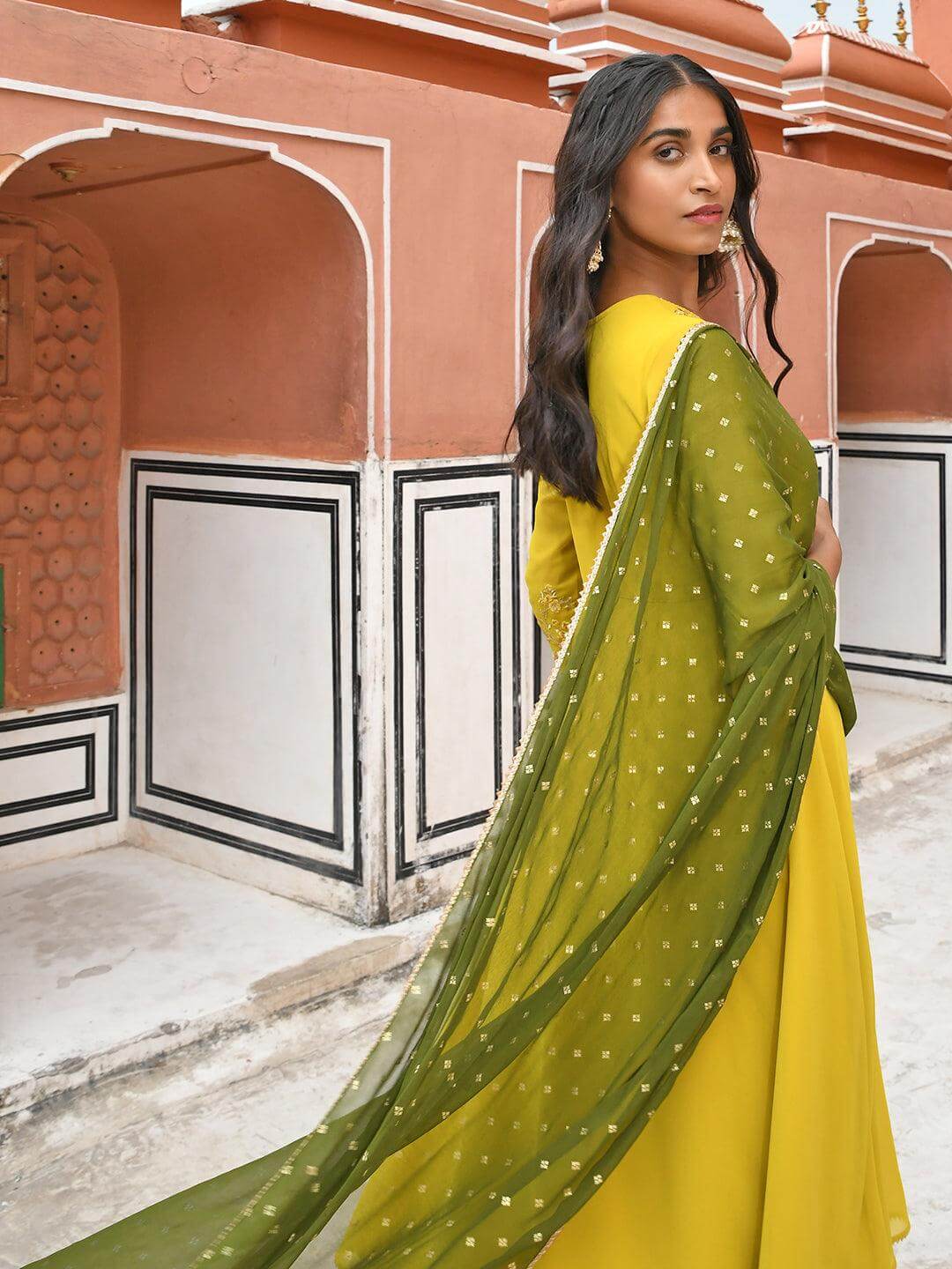 Yellow Georgette Solid Kurta with Palazzo and Dupatta