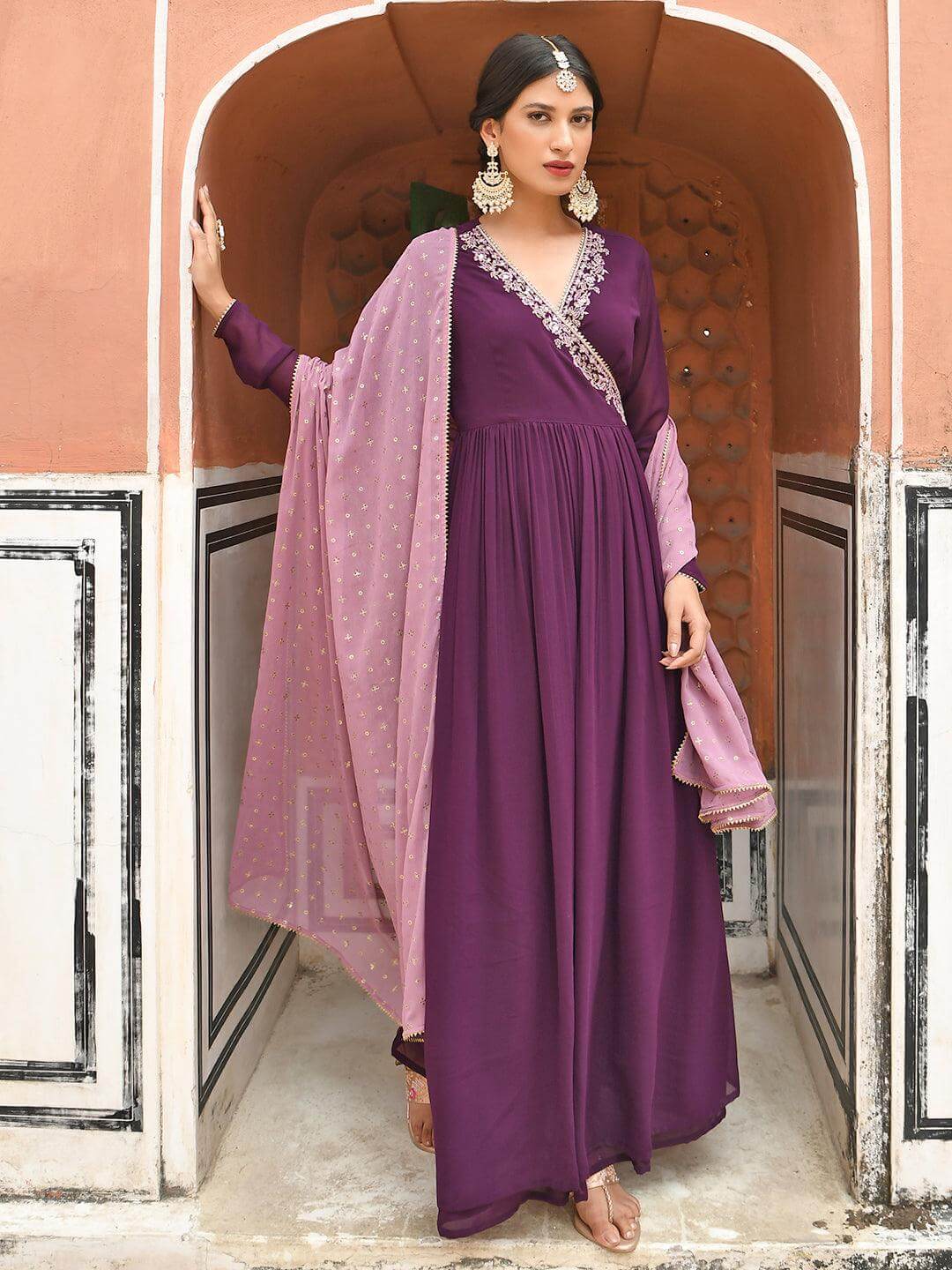 Wine Georgette Solid Kurta with Dupatta