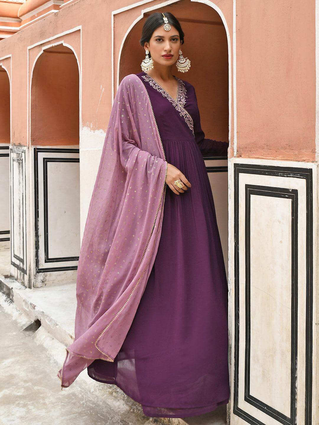 Wine Georgette Solid Kurta with Dupatta