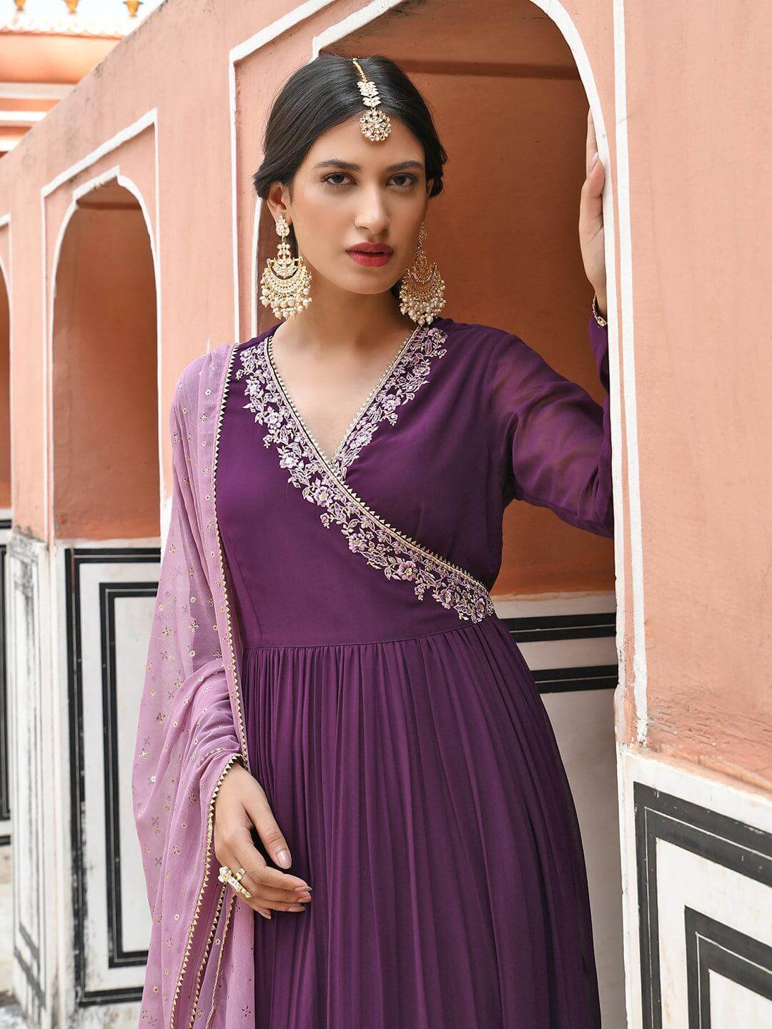 Wine Georgette Solid Kurta with Dupatta