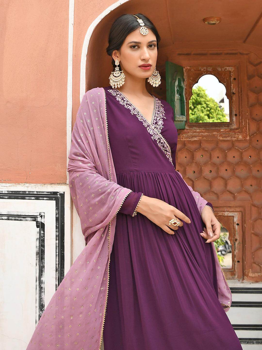 Wine Georgette Solid Kurta with Dupatta