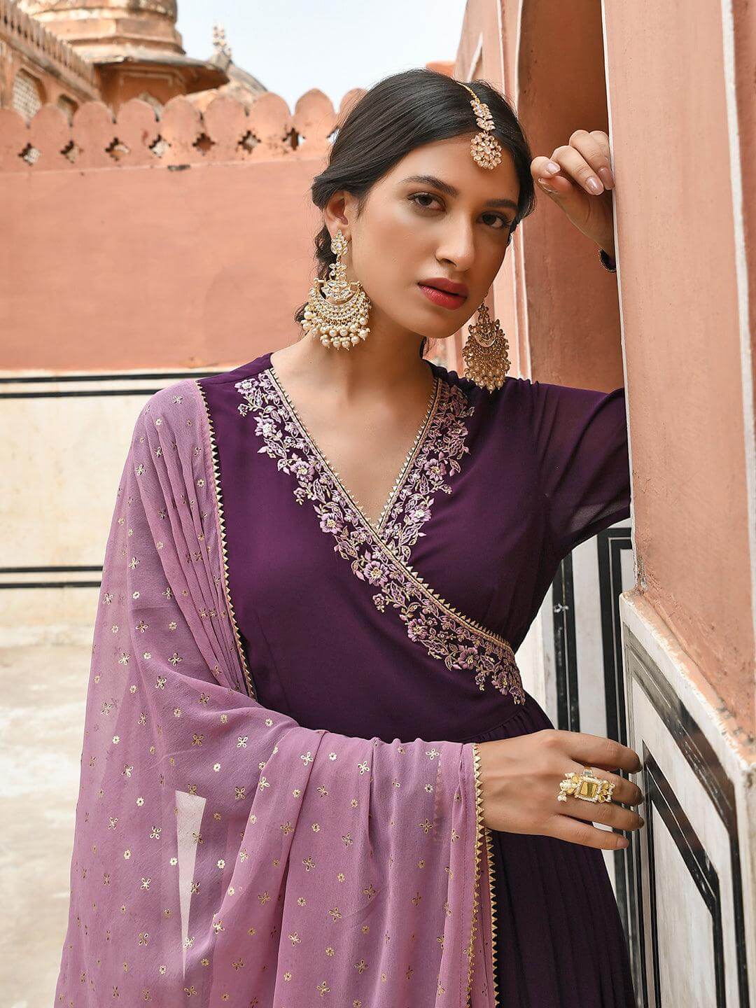 Wine Georgette Solid Kurta with Dupatta