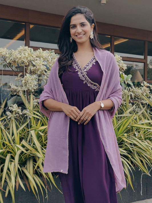 Wine Georgette Solid Kurta with Dupatta