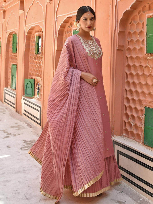 Peach Chinnon Embroidered Kurta with Skirt and Dupatta