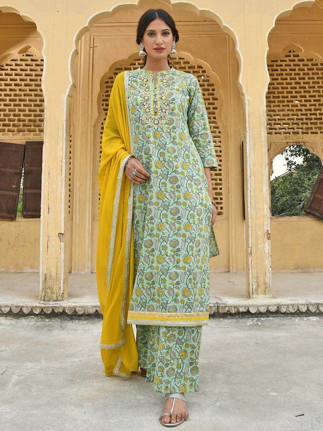 Light Green Cotton Floral Block Print Kurta with Palazzo and Dupatta