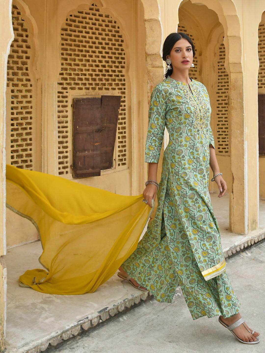 Light Green Cotton Floral Block Print Kurta with Palazzo and Dupatta