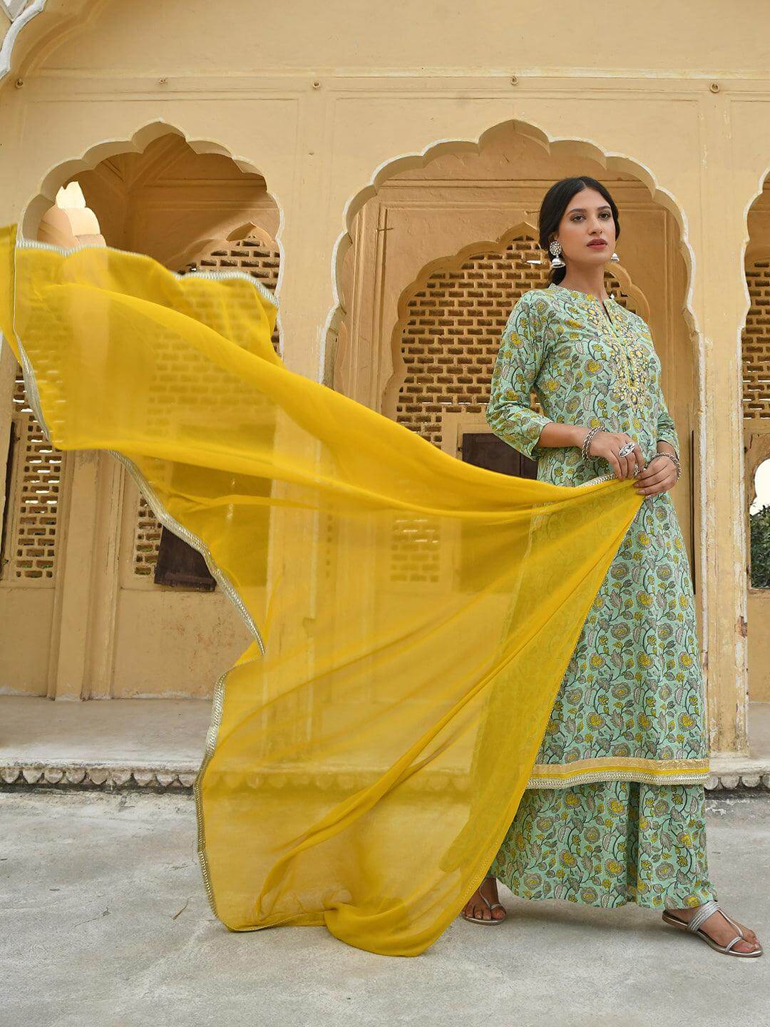 Light Green Cotton Floral Block Print Kurta with Palazzo and Dupatta