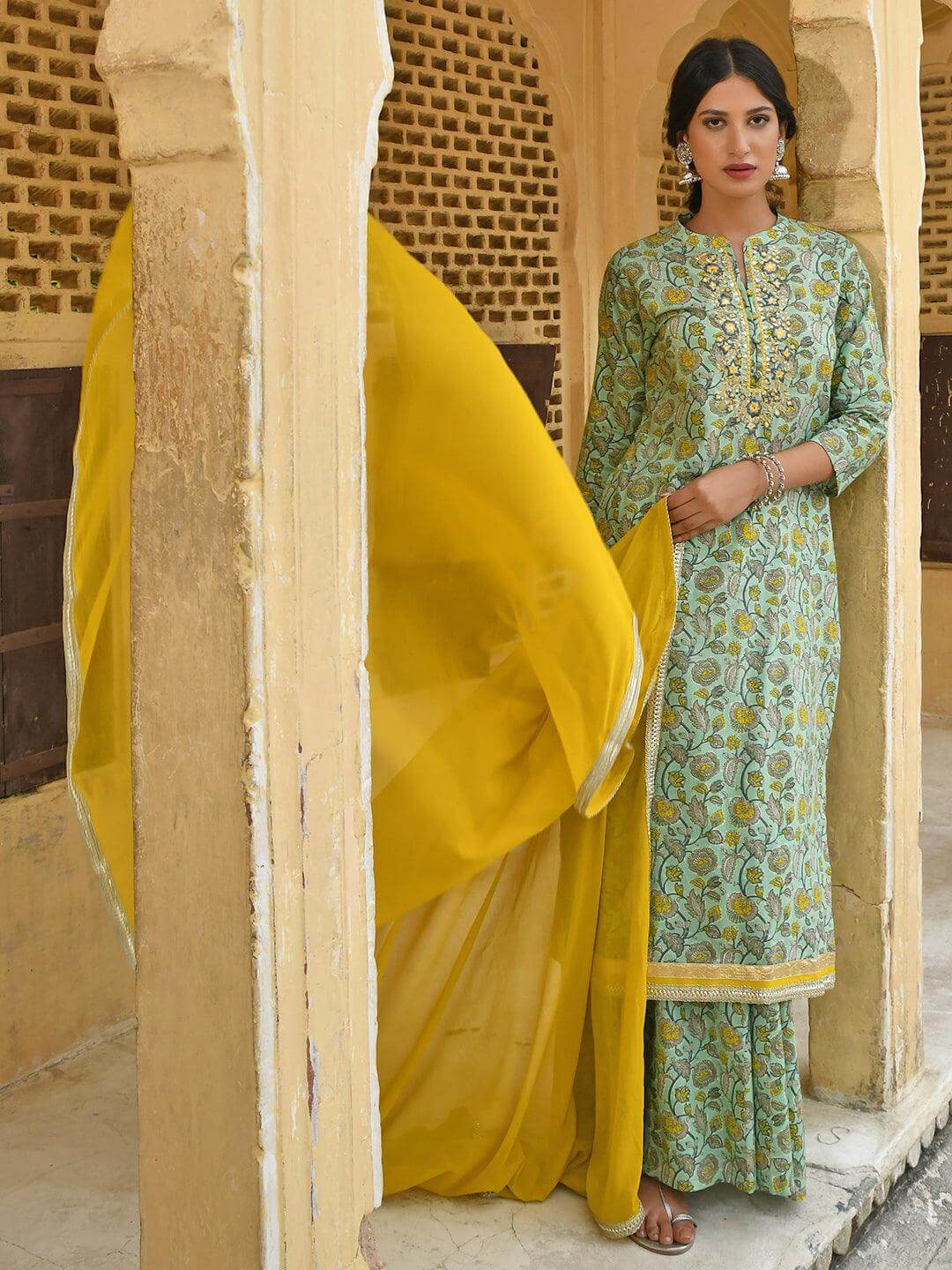 Light Green Cotton Floral Block Print Kurta with Palazzo and Dupatta