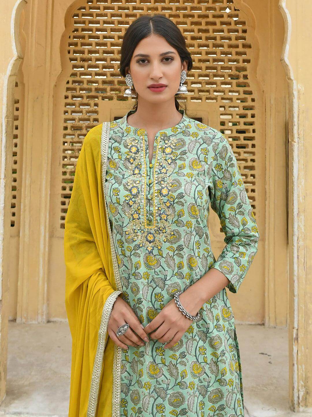 Light Green Cotton Floral Block Print Kurta with Palazzo and Dupatta