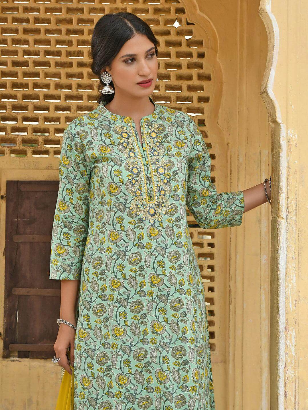 Light Green Cotton Floral Block Print Kurta with Palazzo and Dupatta