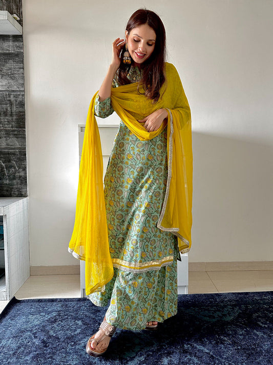 Light Green Cotton Floral Block Print Kurta with Palazzo and Dupatta