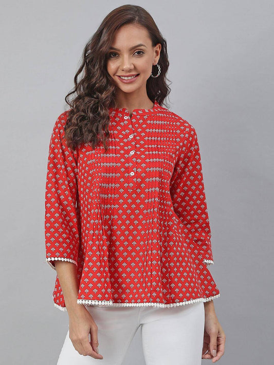 Red Cotton Schiffli Regular Top