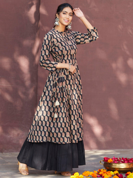 Black Cotton Ethnic Motifs A-line Kurta