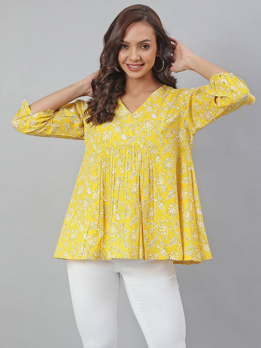 Yellow Cotton Floral Print Flared Top