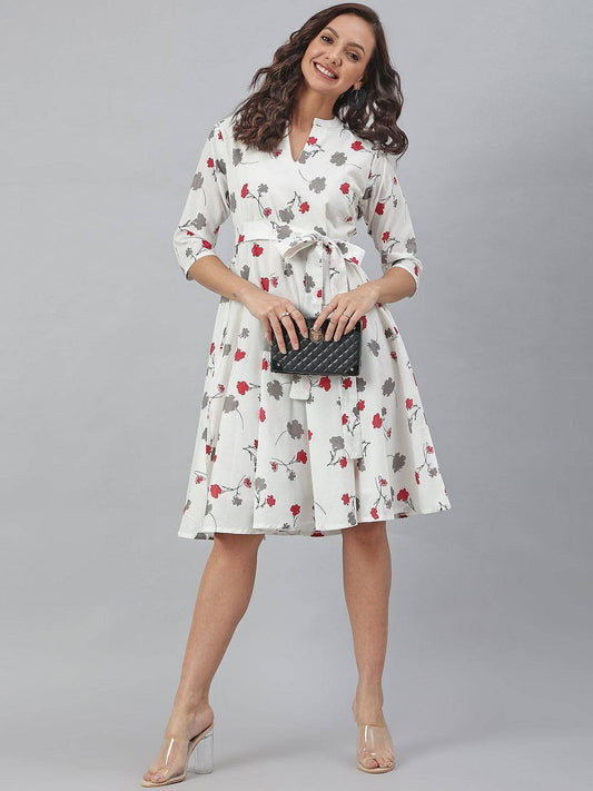 White Cotton Floral Print Flared Western Dress