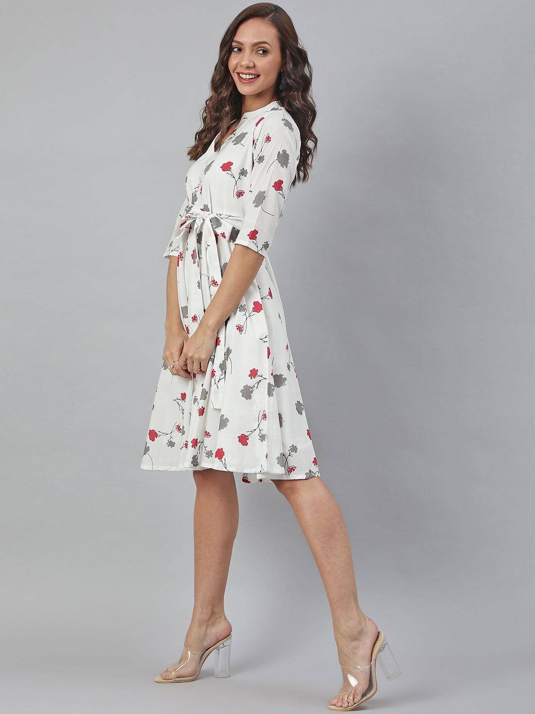 White Cotton Floral Print Flared Western Dress