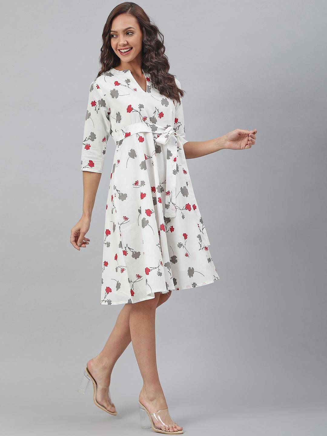 White Cotton Floral Print Flared Western Dress