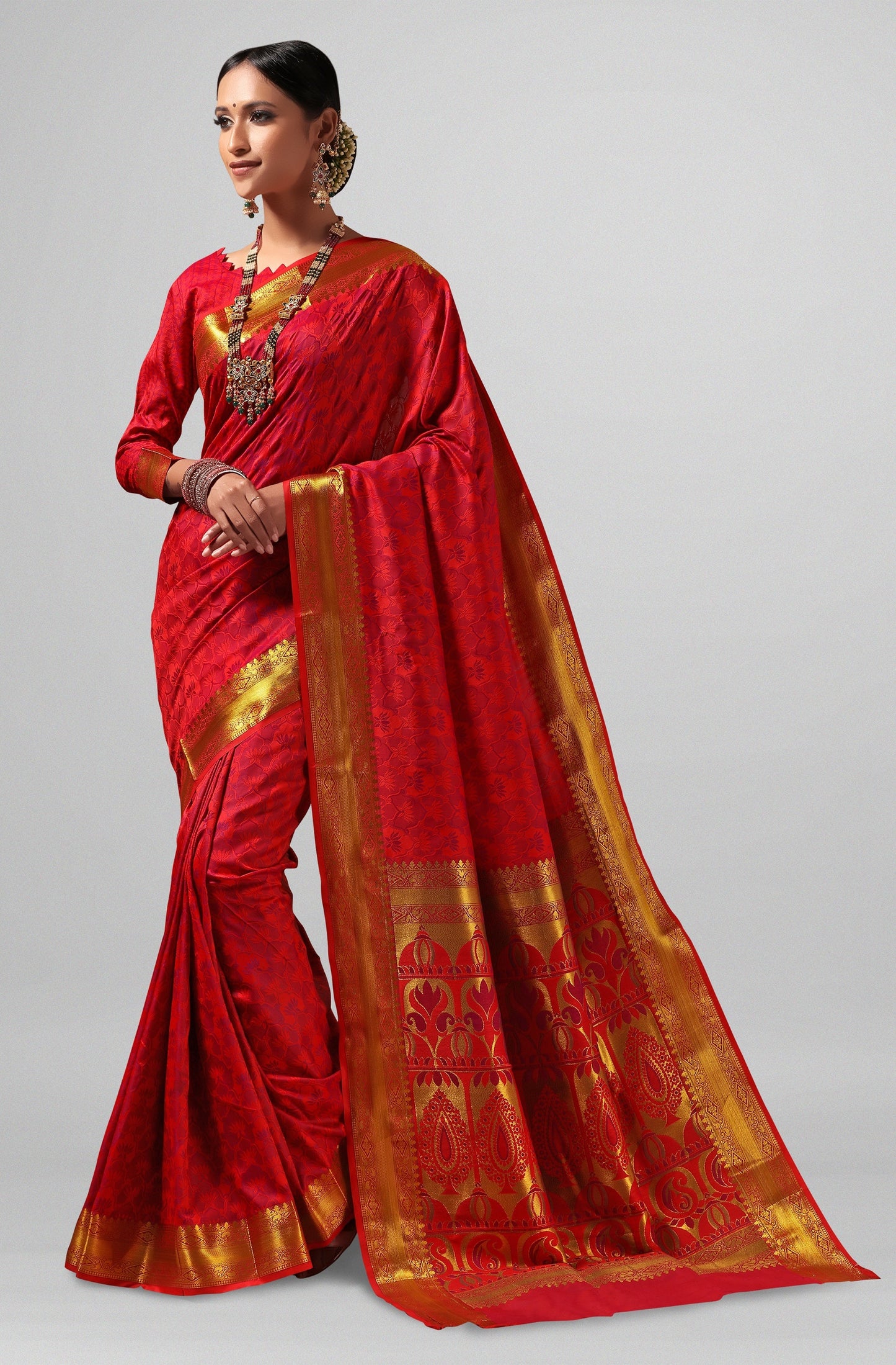 Janasya Women's Red Silk Cotton Woven Design  Saree with Blouse Piece