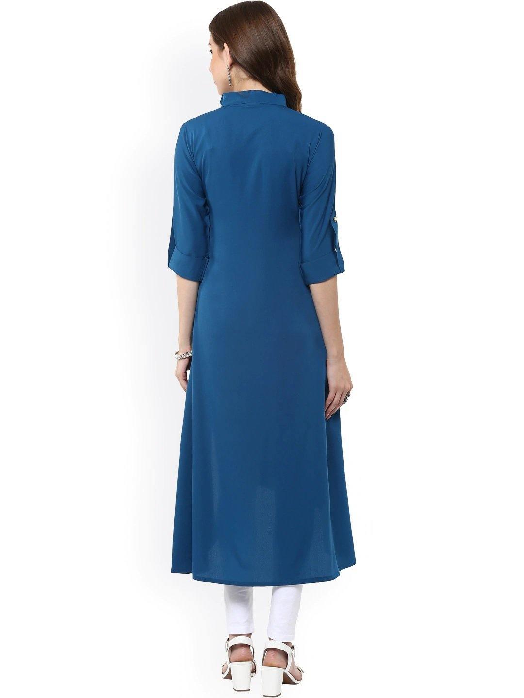 Teal Poly Crepe Solid High Low Kurta
