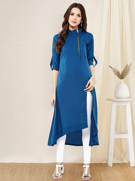 Teal Poly Crepe Solid High Low Kurta