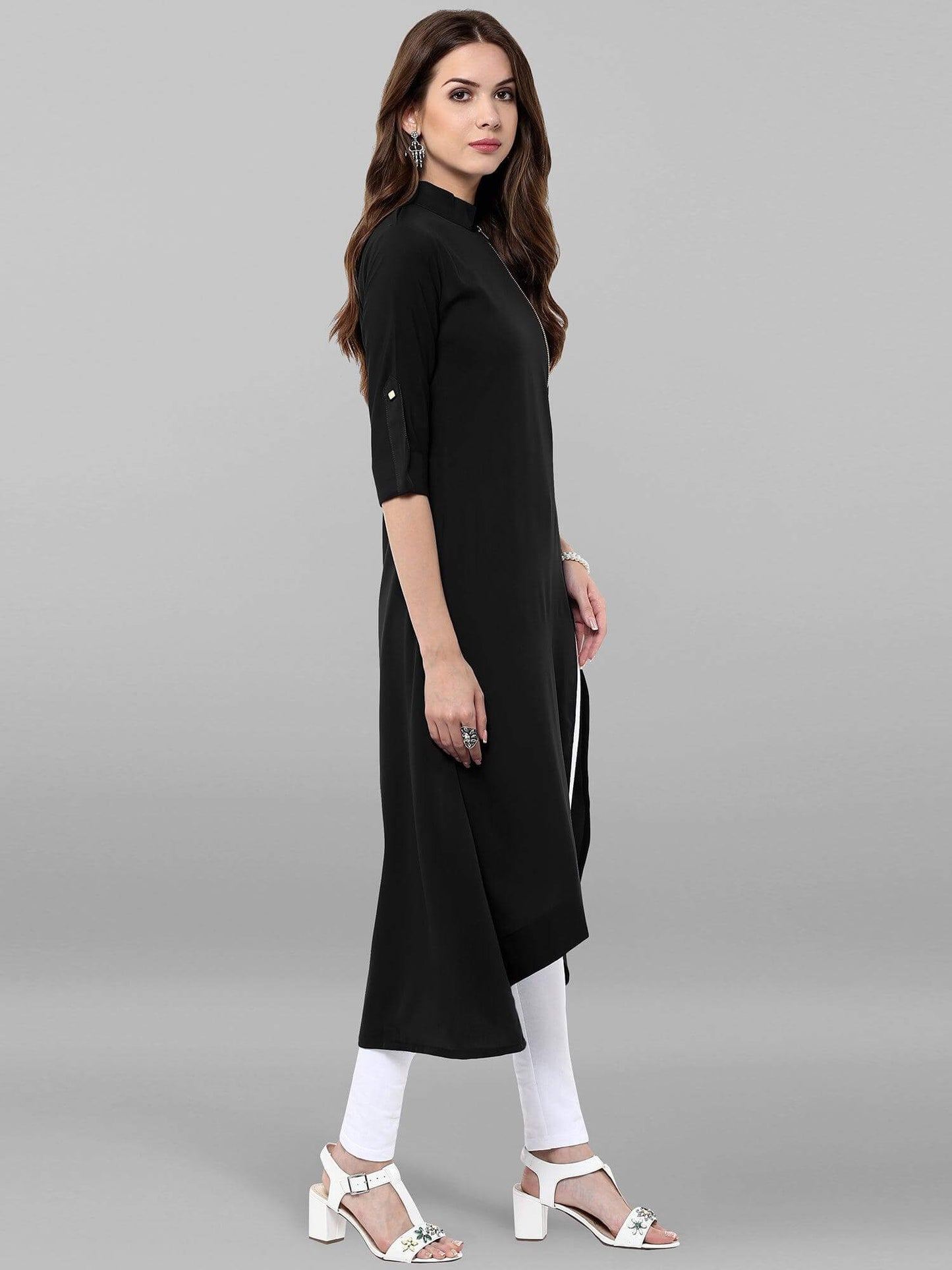 Black Poly Crepe Solid High Low Kurta