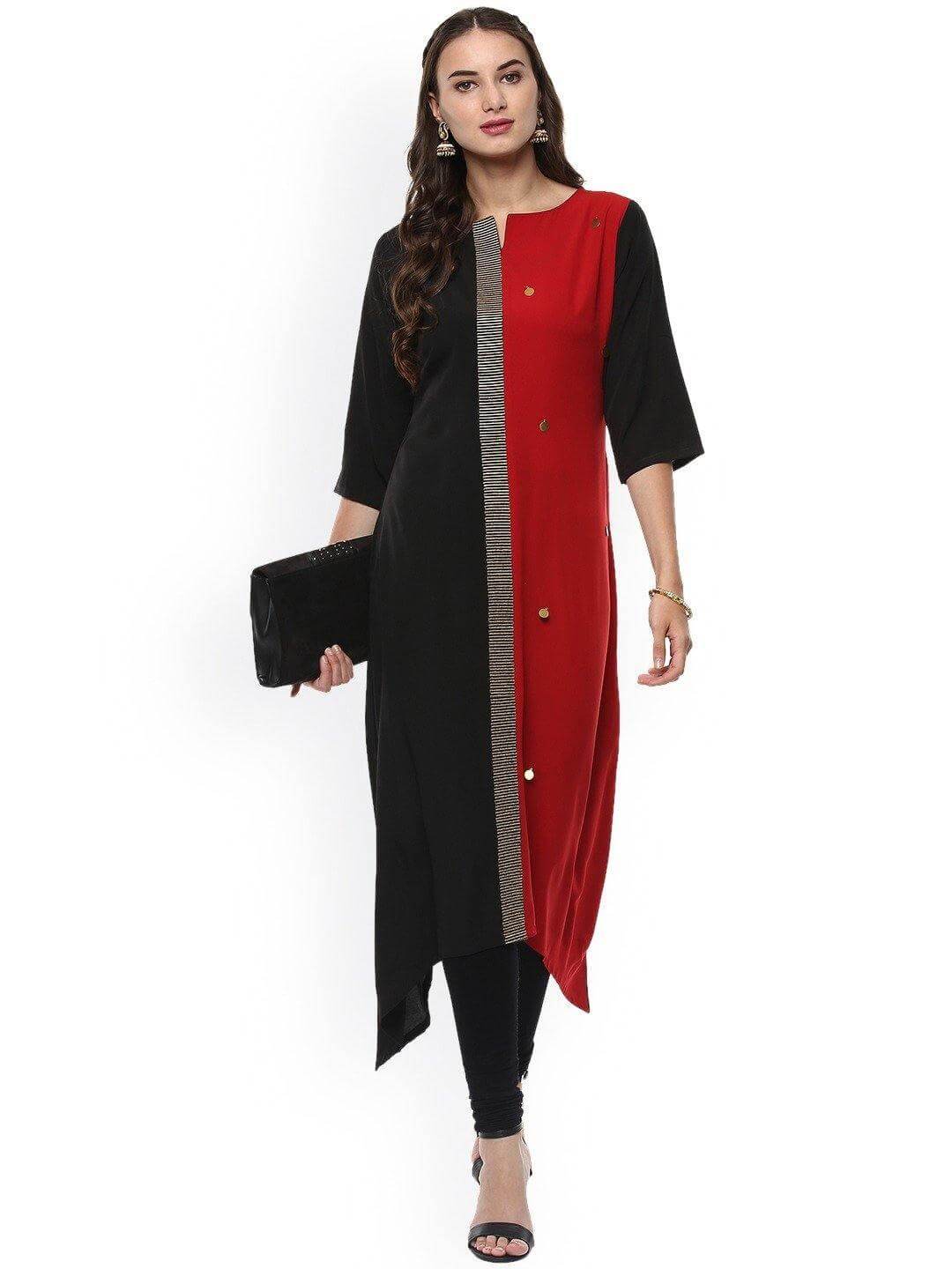 Black And Red Poly Crepe Asymmetric Kurta