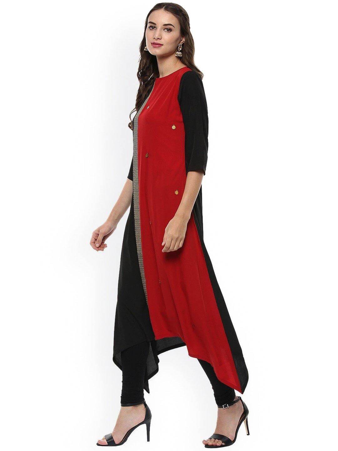 Black And Red Poly Crepe Asymmetric Kurta