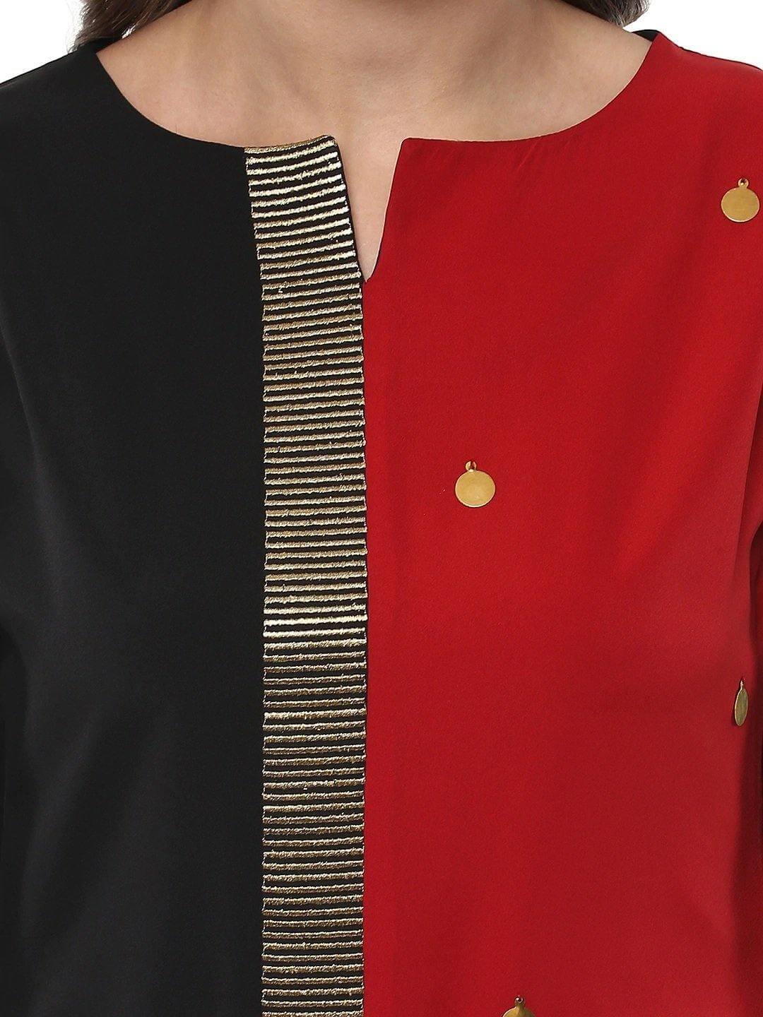Black And Red Poly Crepe Asymmetric Kurta