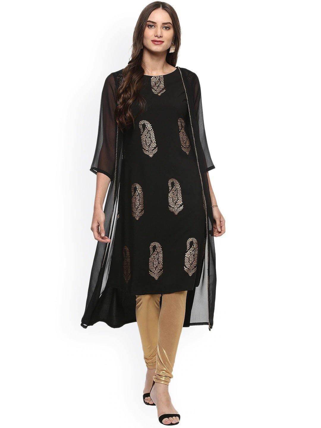Black Poly Crepe Gold Print A-line Kurta