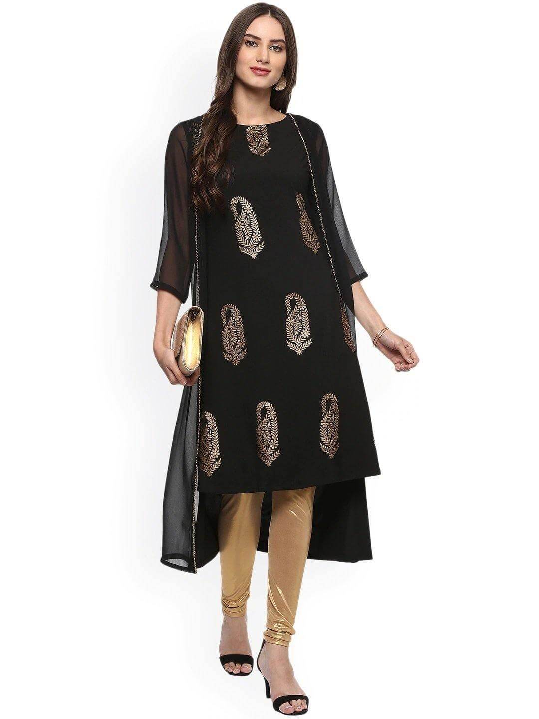 Black Poly Crepe Gold Print A-line Kurta
