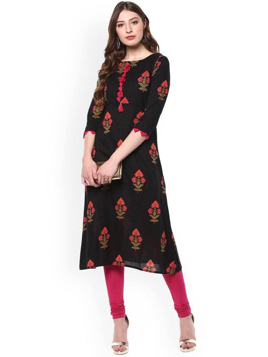 Black Cotton Floral Print A-line Kurta
