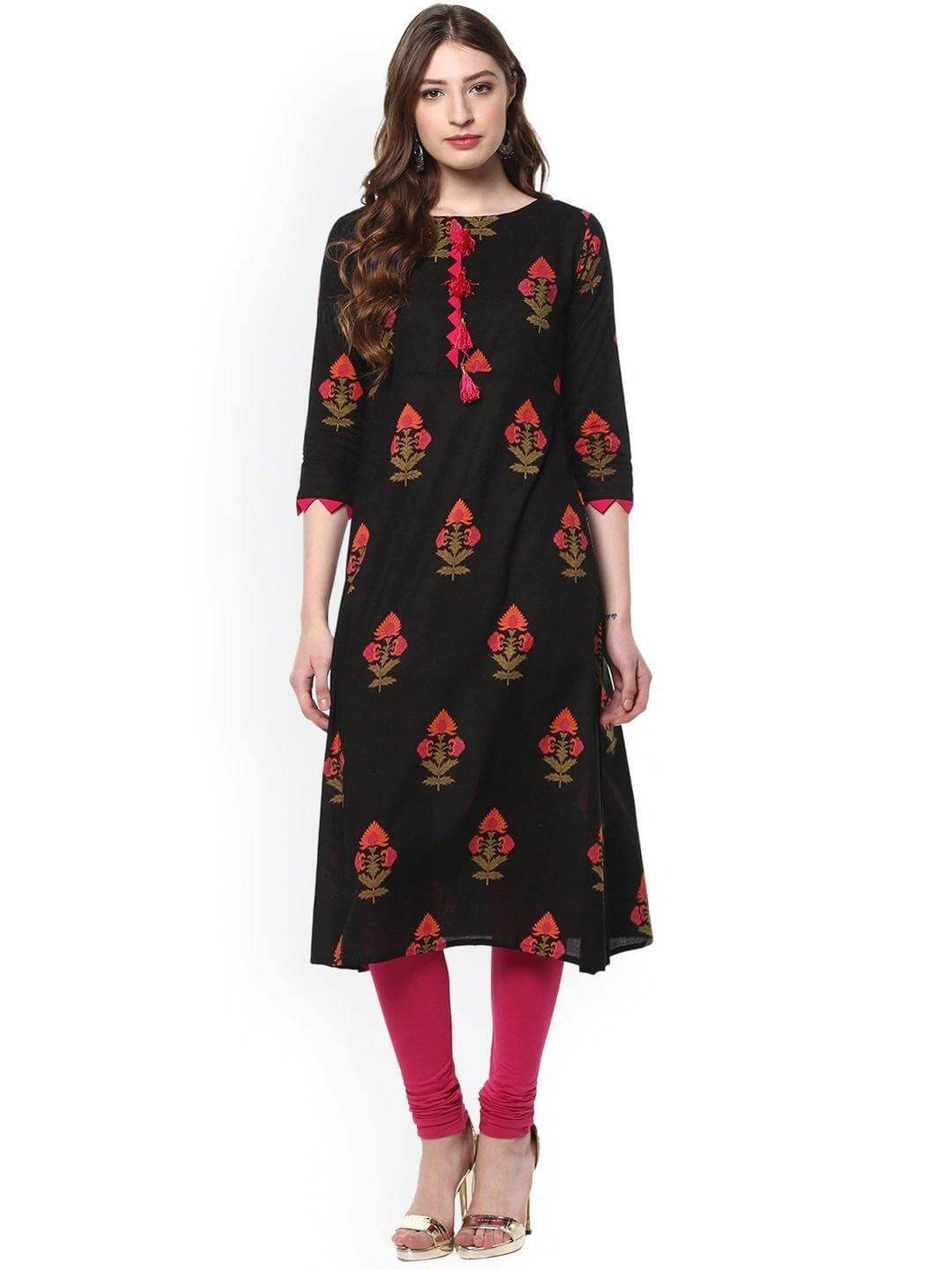 Black Cotton Floral Print A-line Kurta