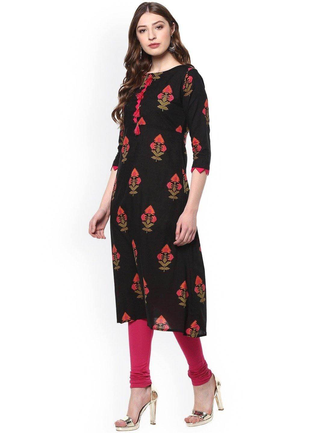 Black Cotton Floral Print A-line Kurta