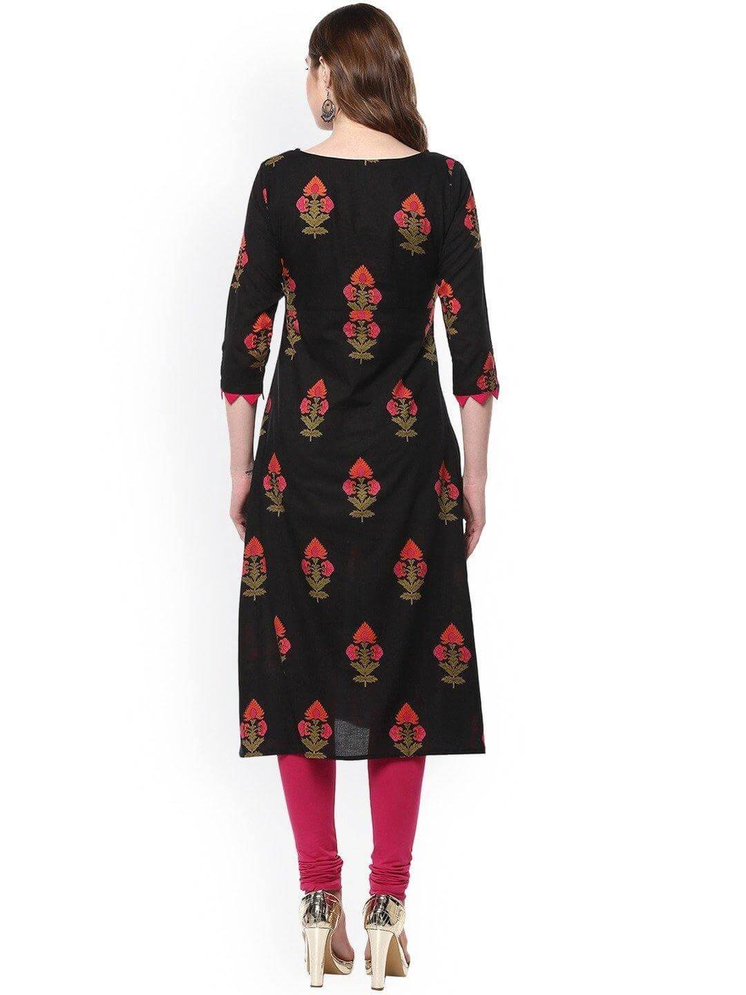 Black Cotton Floral Print A-line Kurta