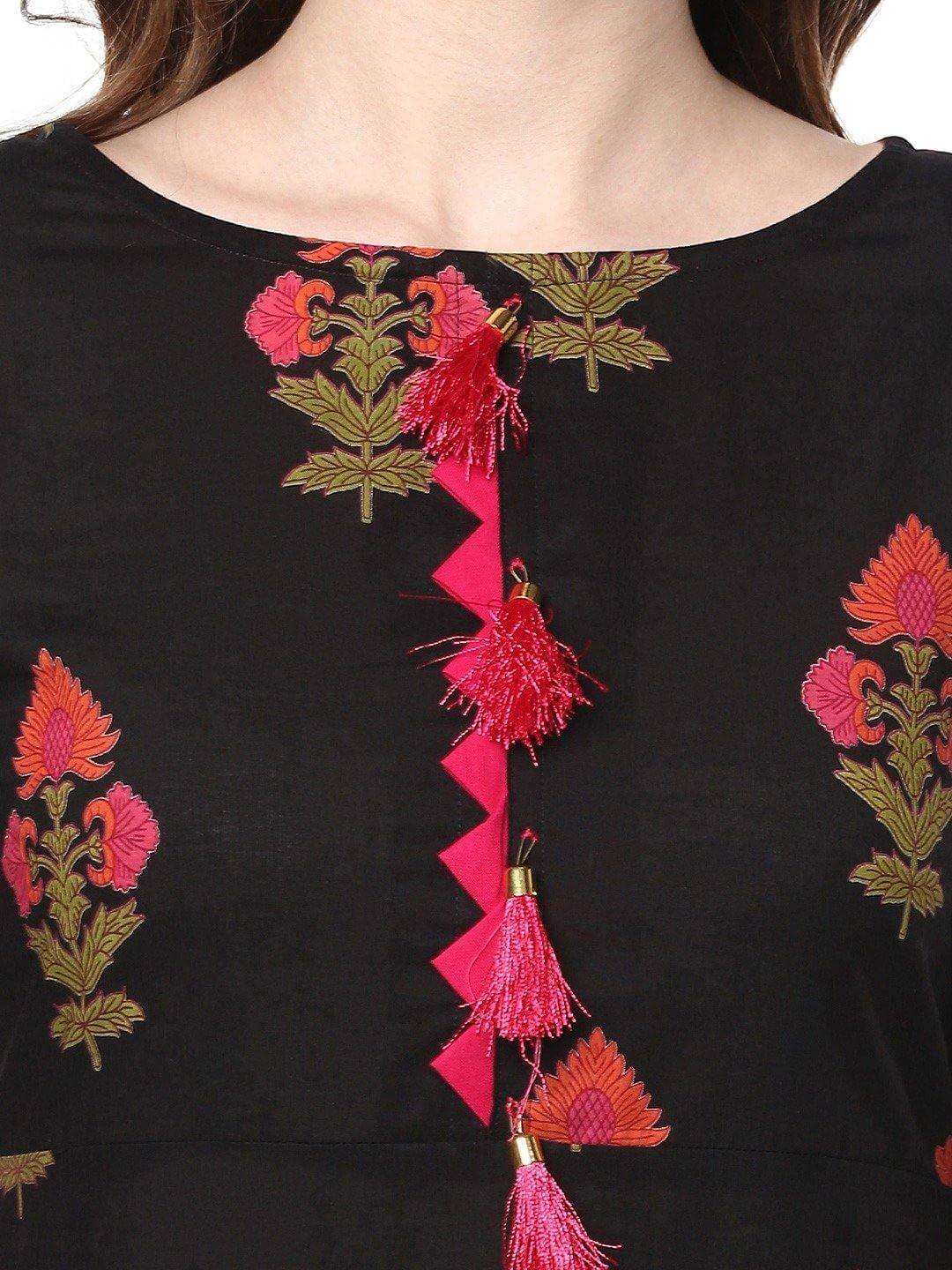 Black Cotton Floral Print A-line Kurta