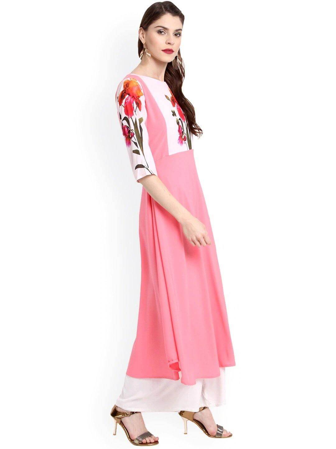 Pink Poly Crepe Botanical Print Flared Kurta