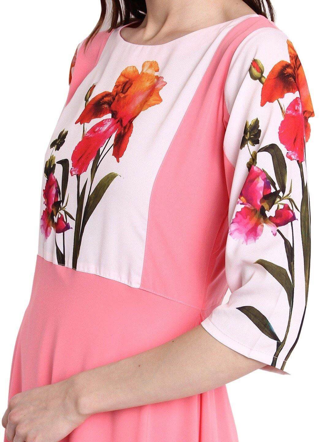 Pink Poly Crepe Botanical Print Flared Kurta