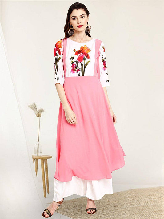 Pink Poly Crepe Botanical Print Flared Kurta