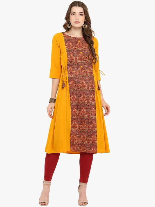 Mustard Poly Crepe Ethnic Print A-line Kurta