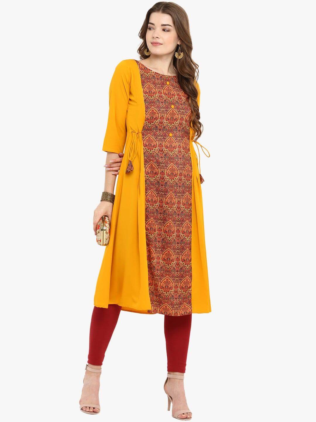 Mustard Poly Crepe Ethnic Print A-line Kurta