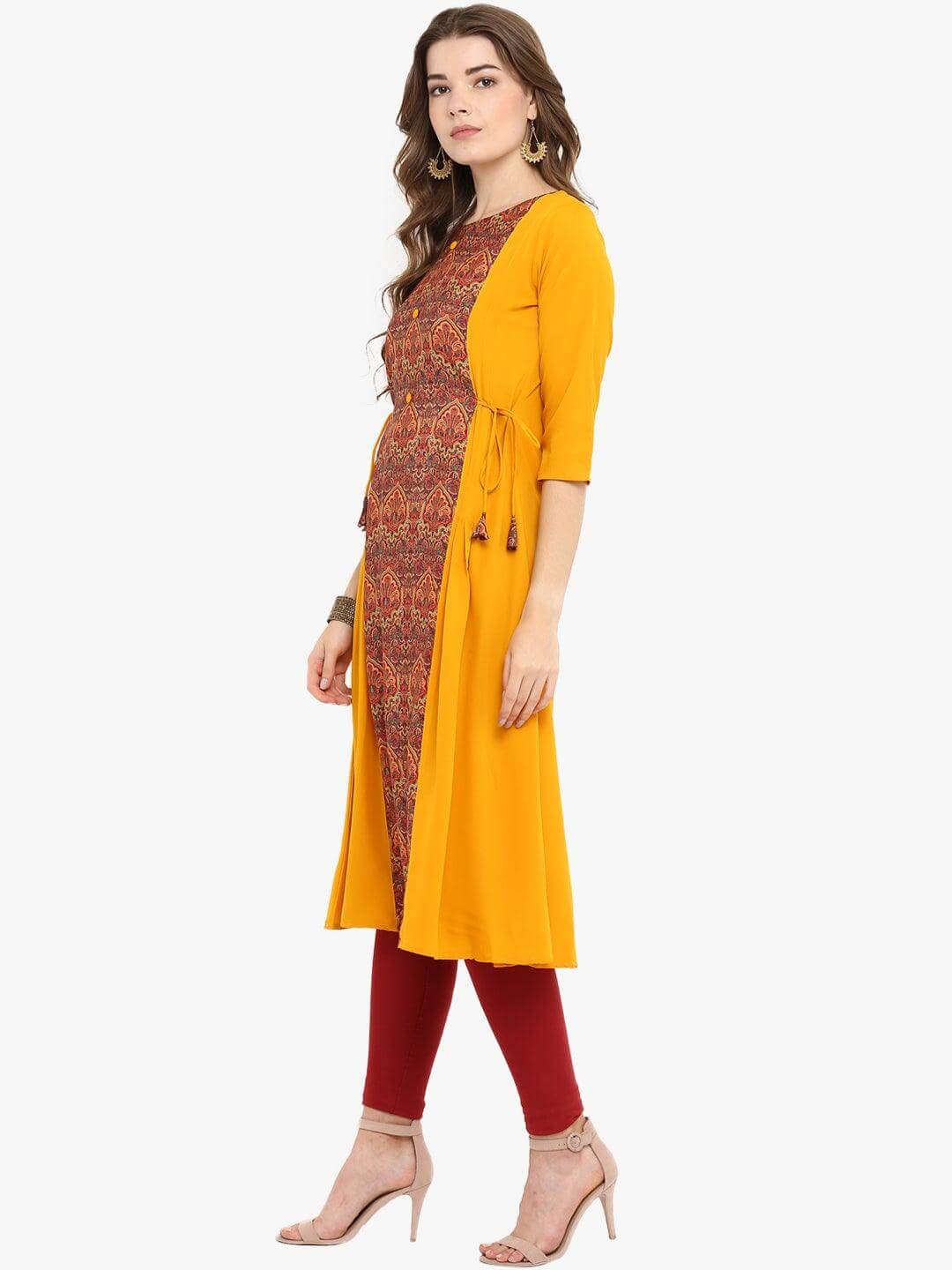 Mustard Poly Crepe Ethnic Print A-line Kurta